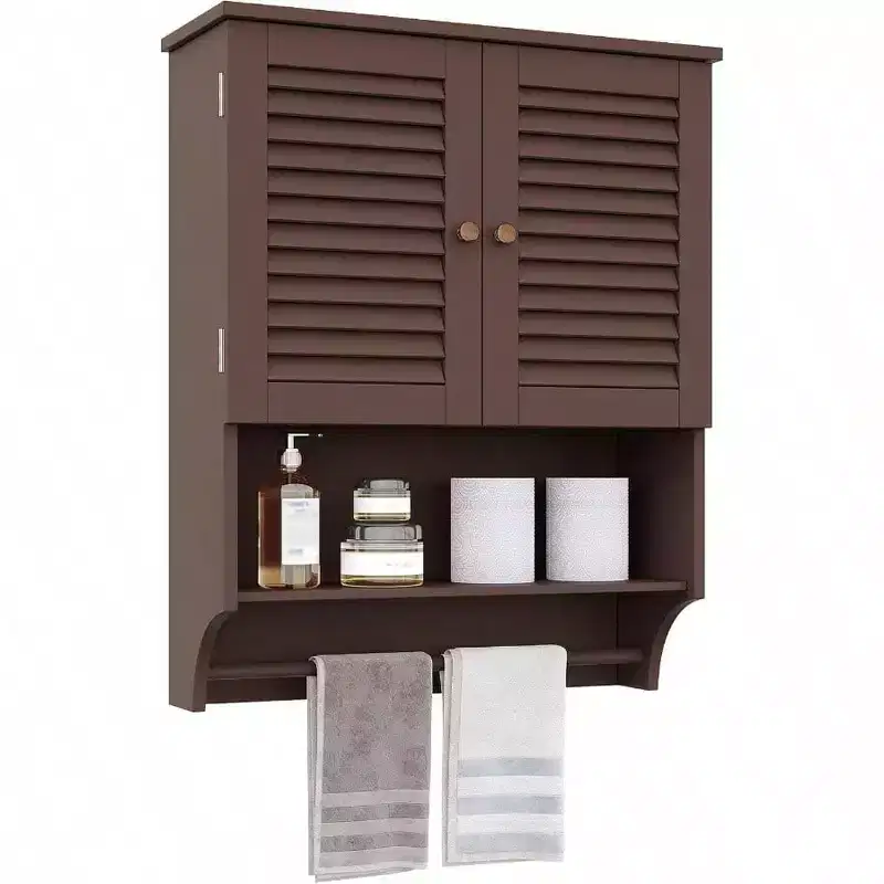 Bathroom Wall Cabinet with Towels Bar, 23.6 Inch Lx7.9x27.5 H MDF Material Espresso Space Saver Storage Cabinet Over Toilet