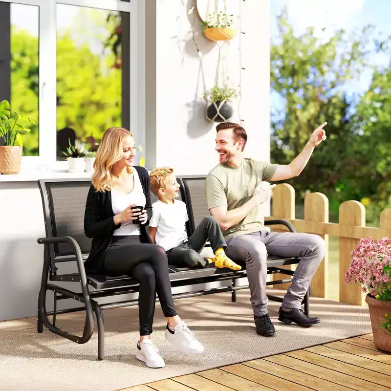 3-Person Outdoor Patio Glider Bench, Porch Glider Swing with 3 Seats, Breathable Mesh Fabric, Metal Frame