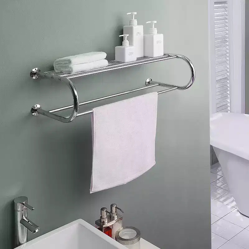 Wall-Mounted Chrome Towel Bar with Shelf