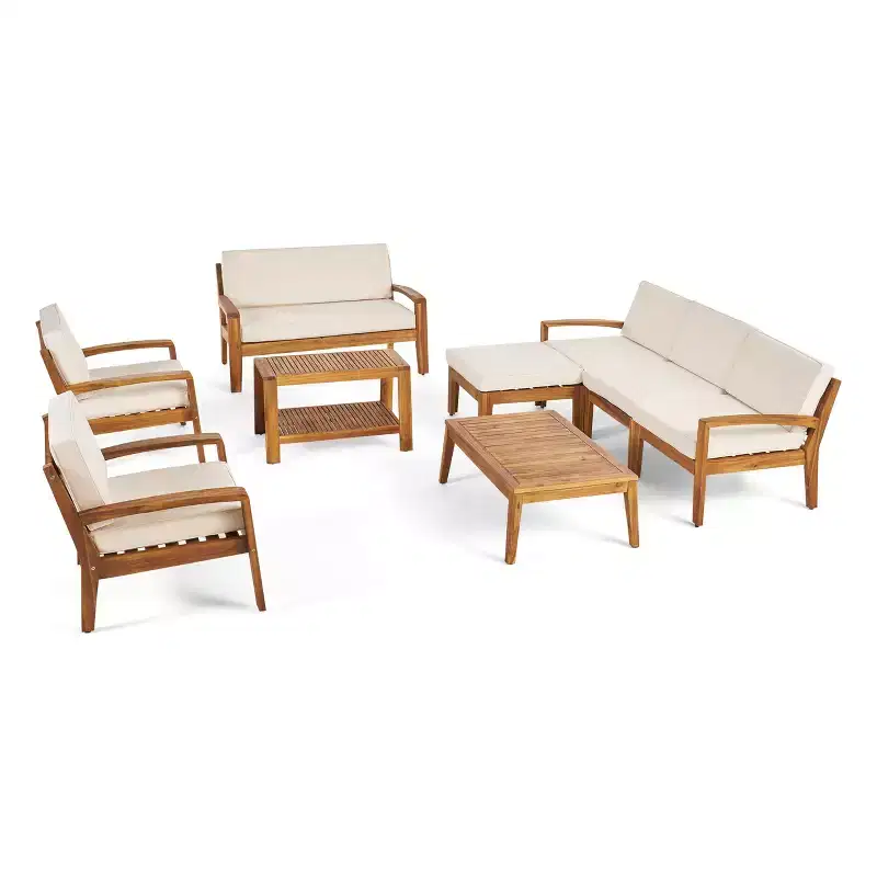GDFStudio Parma Outdoor Acacia Wood 7 Seater Sectional Sofa Chat Set with Ottoman