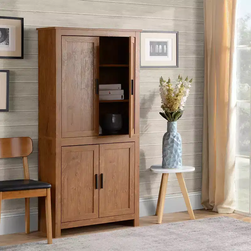 64 4-Door Kitchen Pantry, Freestanding Storage Cabinet with 3 Adjustable Shelves for Kitchen, Dining or Living Room, Oak