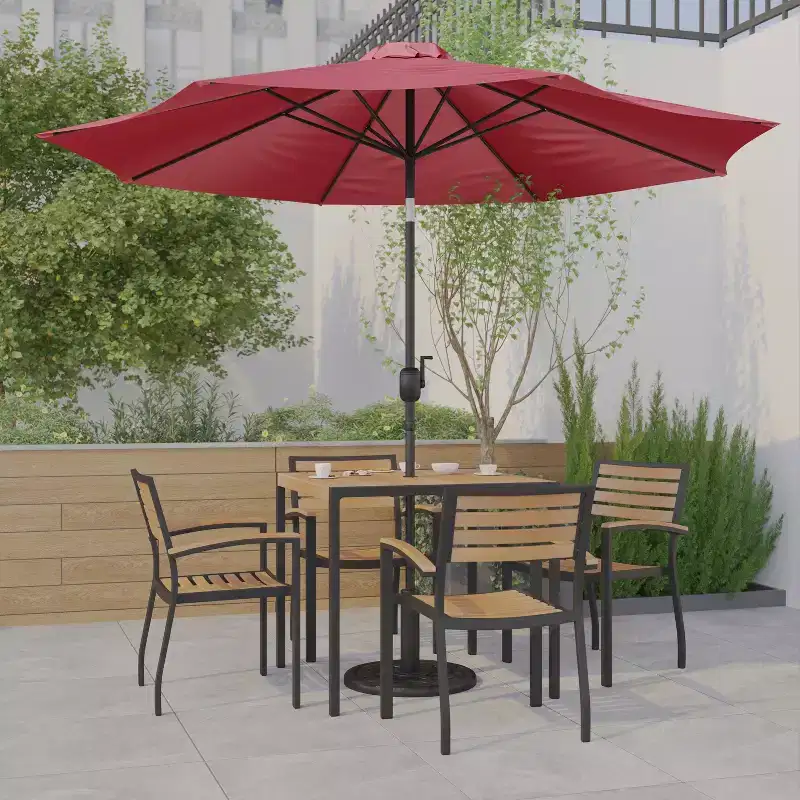 Emma and Oliver 7 Piece Patio Table Set - 4 Synthetic Faux Teak Stackable Chairs - Faux Teak Table - Umbrella with Base