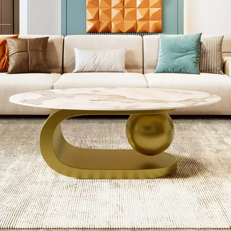 Modern Oval Coffee Table, Irregular Marble Center Table with Gold Steel Base for Living Room
