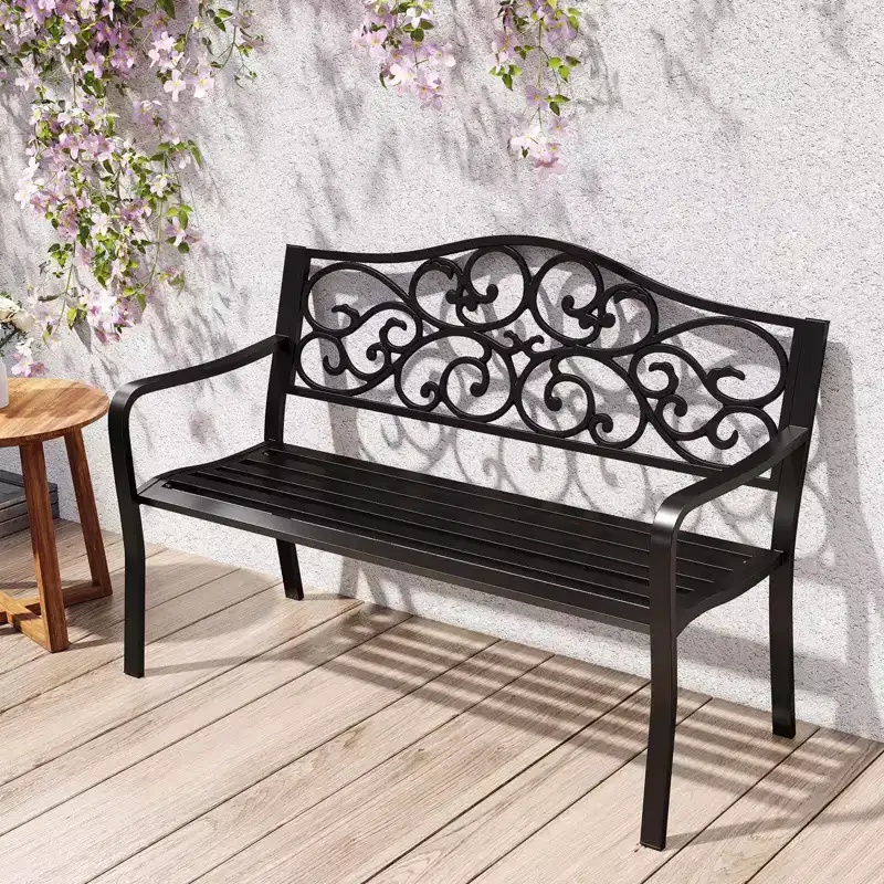 Costway 50 Porch Bench with Ergonomic Backrest & Armrests Floral Patterns Curved