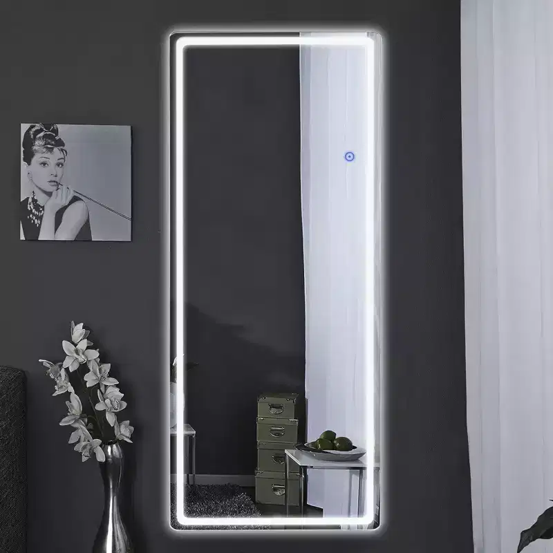 63x20 LED Rectangle Floor Mirror with Stand, HD Full-length Mirror with Aluminum Alloy Frame and 3 Color Temperature, Silver