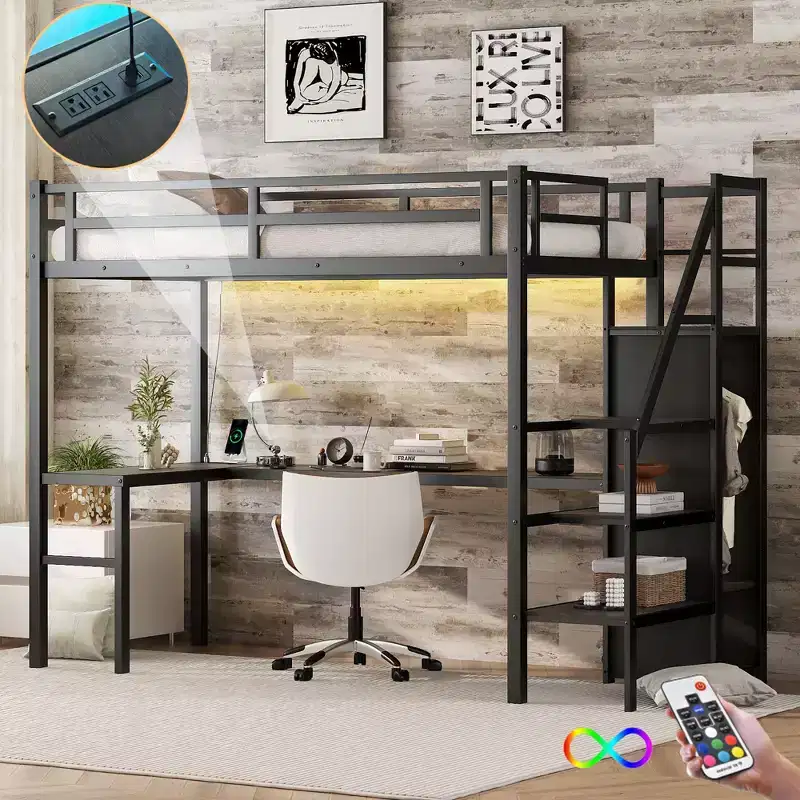 Metal High Loft Bunk Bed with L-Shaped Desk, USB Port, Wardrobe & Adjustable Shelf, LED Light, for Teens & Adults