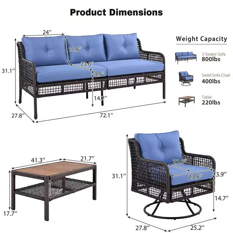 4-Piece Outdoor Wicker Patio Set with Swivel Chairs, Rattan Sectional Sofa for 5-Person, Poolside Backyard Deck Conversation Set Blue