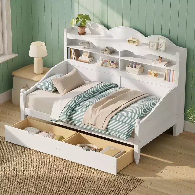 Wood Twin Daybed with Storage Drawers and Headboard Shelves, 49.2