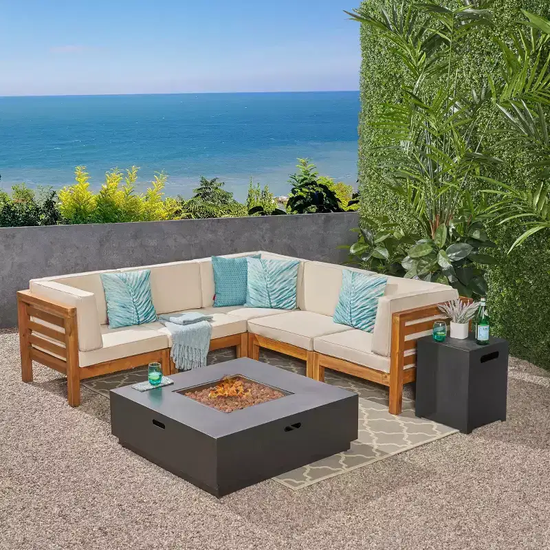 Christopher Knight Home Malawi Outdoor Acacia Wood 5 Seater Sectional Sofa Set with 50,000 BTU Iron Fire Pit