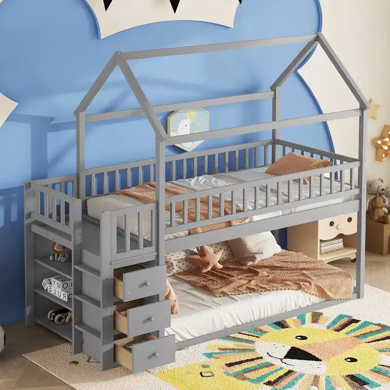 Twin Over Twin House-Shaped Bunk Bed with Shelves, Drawers and Fence Guardrails