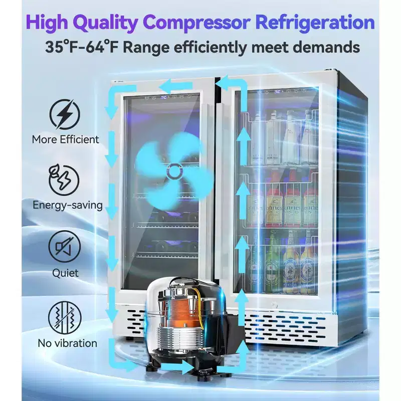 RLPI Dual Zone 30 in. Built-In/Freestanding 60-Wine Bottles and 130-Cans with RGB LED Lighting, Stainless Steel