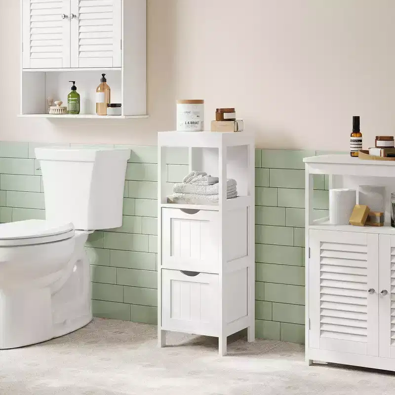 Modern Floor Cabinet with 2 Drawers and Open Shelf - White Freestanding Storage Organizer