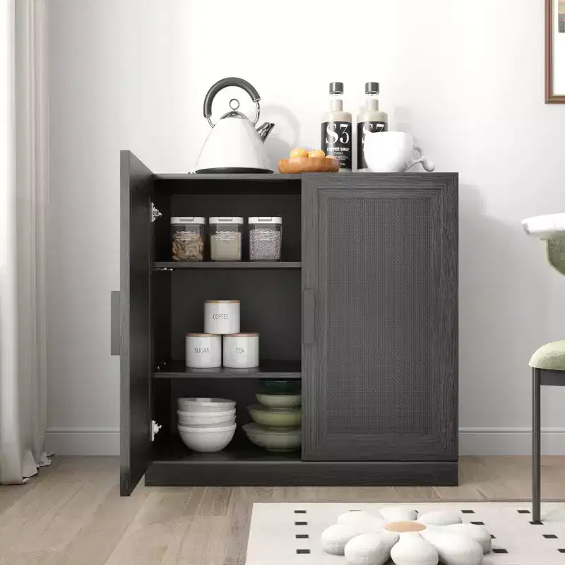 31 Modular Sideboard Cabinet with Storage Modern Farmhouse Buffet Cabinet with Rattan Doors for Living Room Kitchen Dining Room Entryway Black