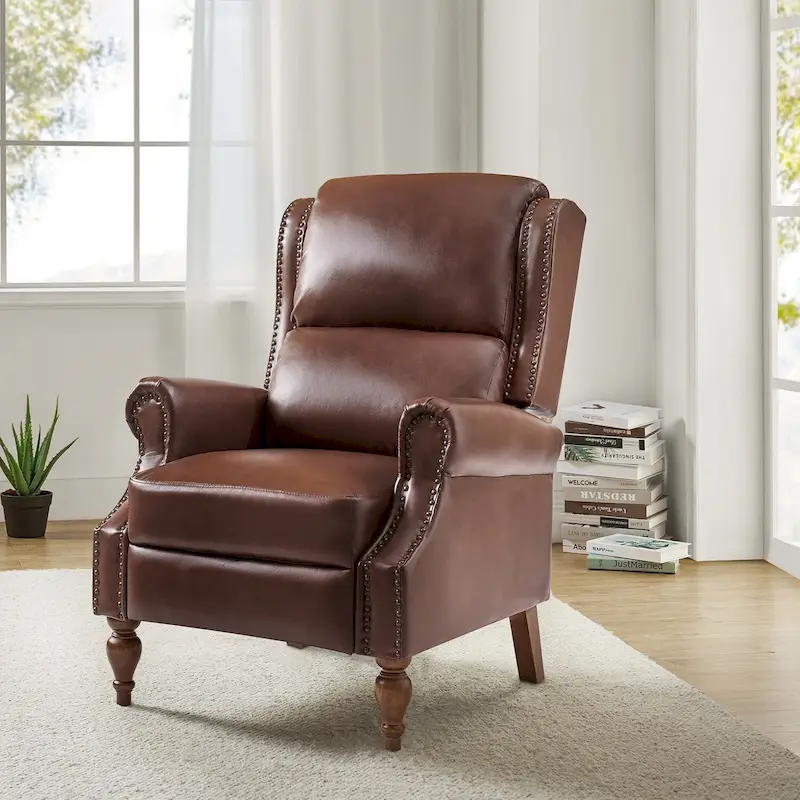 Traditional Vegan Leather Manual Push-Back Recliner, Padded Armrests, Solid Wood Legs, Living Room