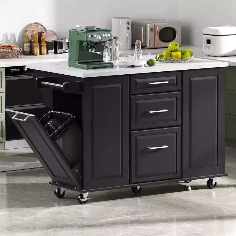 Whisen 50.7 Kitchen Island, Tilt Trash Cabinet, Pull - Out Organizer, 5 Wheels & Drop Leaf
