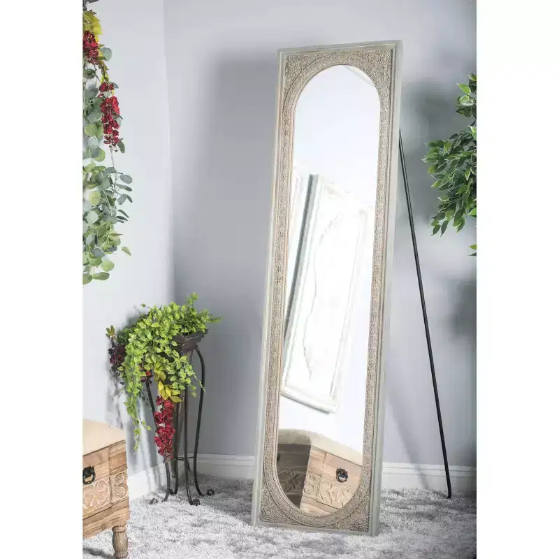 Natural wood brown console mirror: Bohemian style, rectangular, no assembly required.