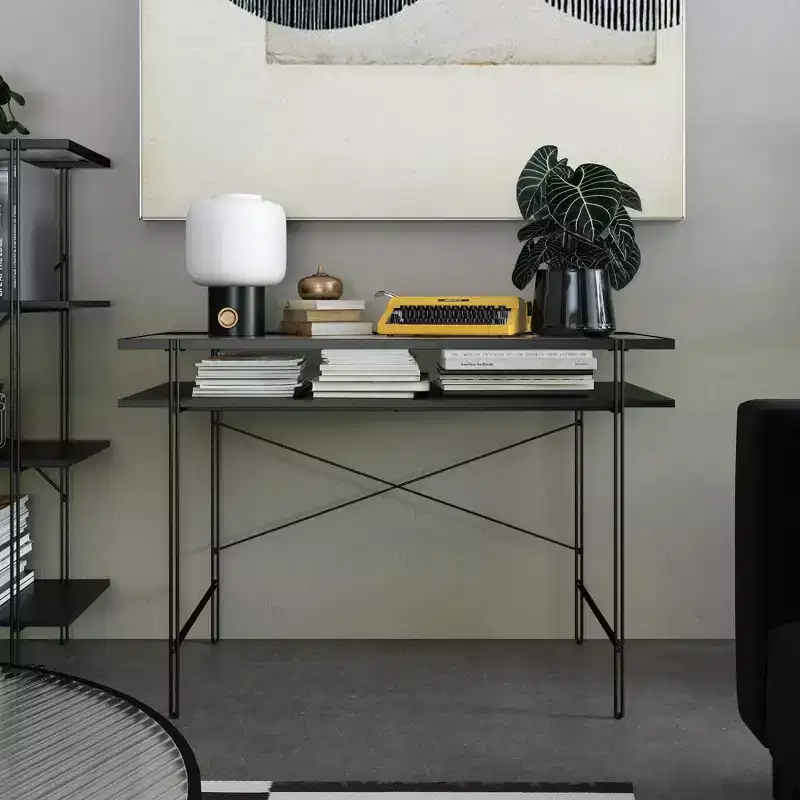 TUYOHW 43.3 Computer Desk,Laminated Engineered Wood Office Desk with Open Shelf,Fluted Glass Desktop,Writing Desk for Home Office,Small Spaces,Black