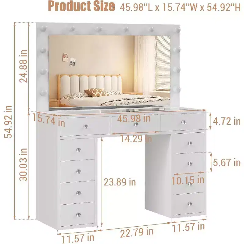 Vanity Desk with Mirror, LED Lights and Power Outlet Makeup Vanity Table with 11 Drawers Dressing Table for Bedroom Dressing Room (White)