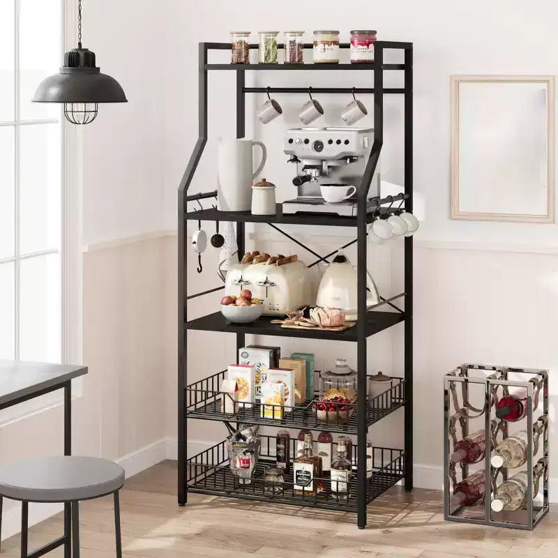 Freestanding Kitchen Bakers Rack, 5 Tier Microwave Stand with Wire Basket & Adjustable Feet, 50.7'' Tall Industrial Coffee Bar Statio