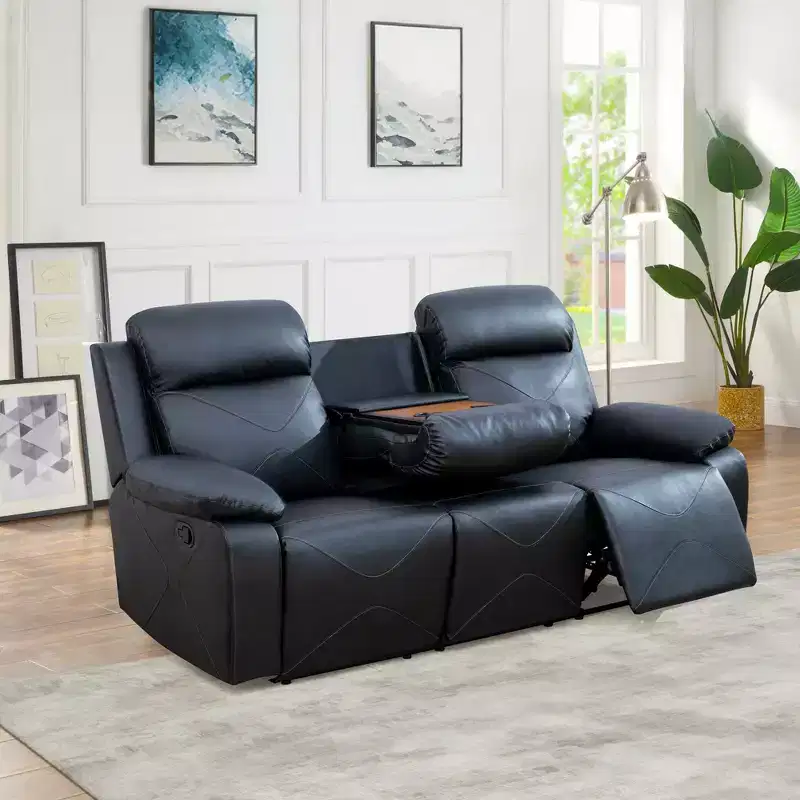 Reclining Sofa, 3-Seat Breathable Leather Recliner with Reversible Coffee Table for Living Room, Black