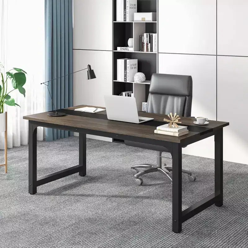 63-Inch Executive Desk, Large Office Computer Desk with Thick Frame, Modern Workstation for Home Office, Vintage Grey/Black
