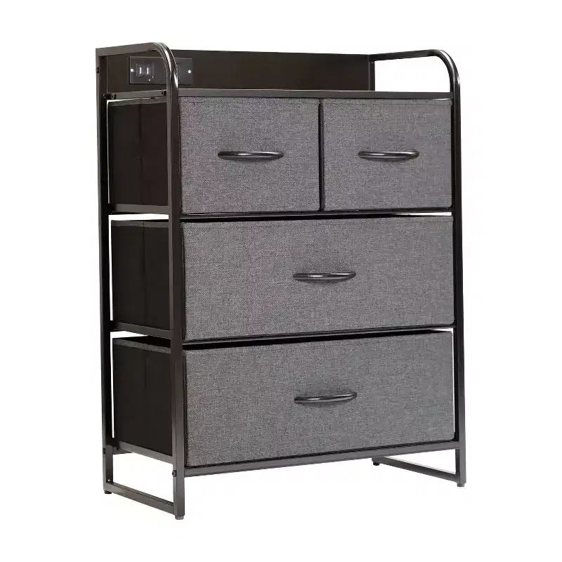 Nightstand with 4 Fabric Drawers, Charging Station with 2 USB Ports and Power Outlet