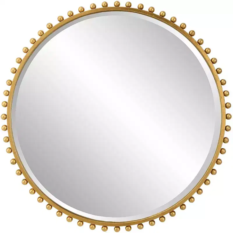 Round Vanity Decorative Wall Mirror Modern Beveled Gold Leaf Iron Frame 32 Wide
