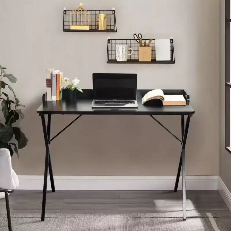 40 in Computer Desk with Grid Storage Shelf and X-Shaped Metal Frame, Home Office Gaming Desk, Black