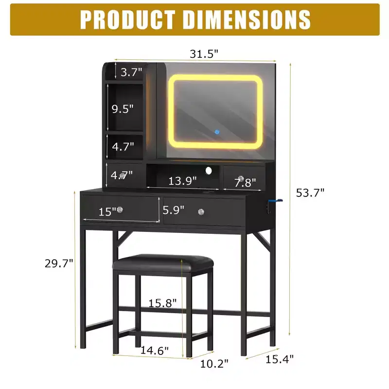 Mirrored Dressing Table with Three-Level Adjustable Lighting and Four Drawers