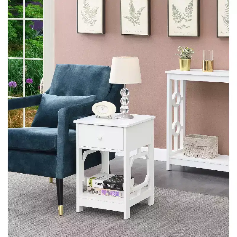 1 Drawer End Table with Octagon Side Design, Pull Out Drawer and Two Shelves – Modern Accent Side Table for Living Room