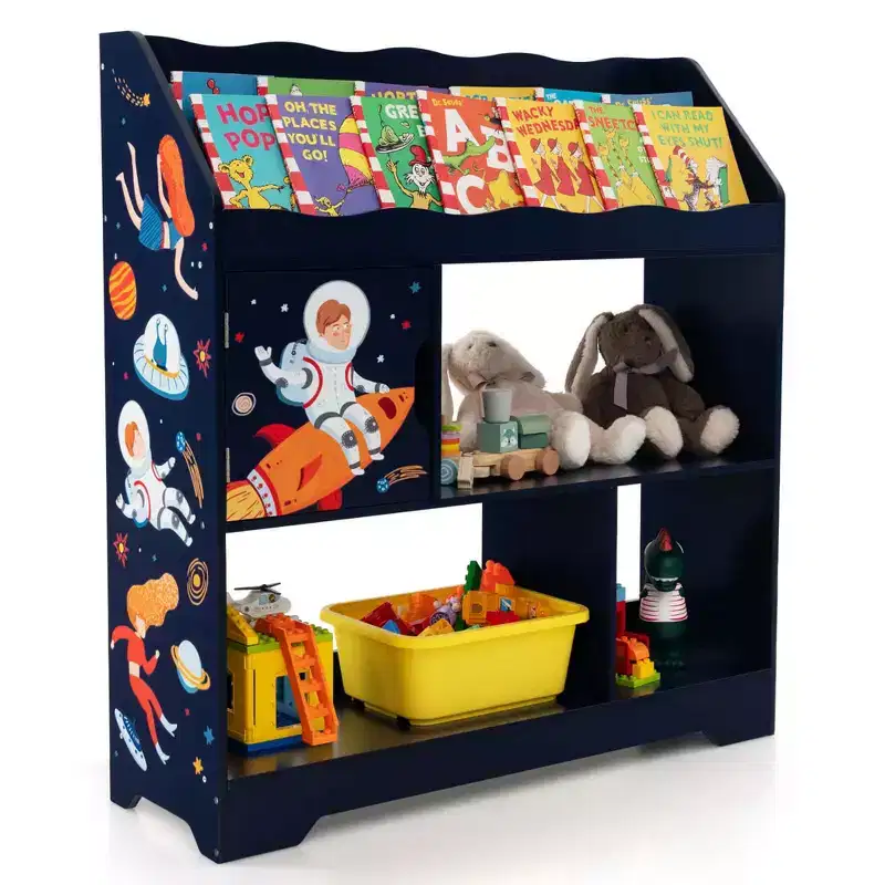 Toy Storage Organizer 3-In-1 Kids Toy Shelf with Book Shelf, Storage Cabinet White/Blue