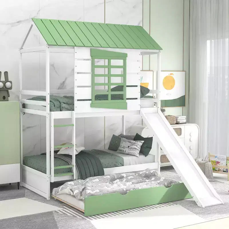 Whisen Twin over Twin Size House Bunk Bed with Convertible Slide and Trundle - White & Gree
