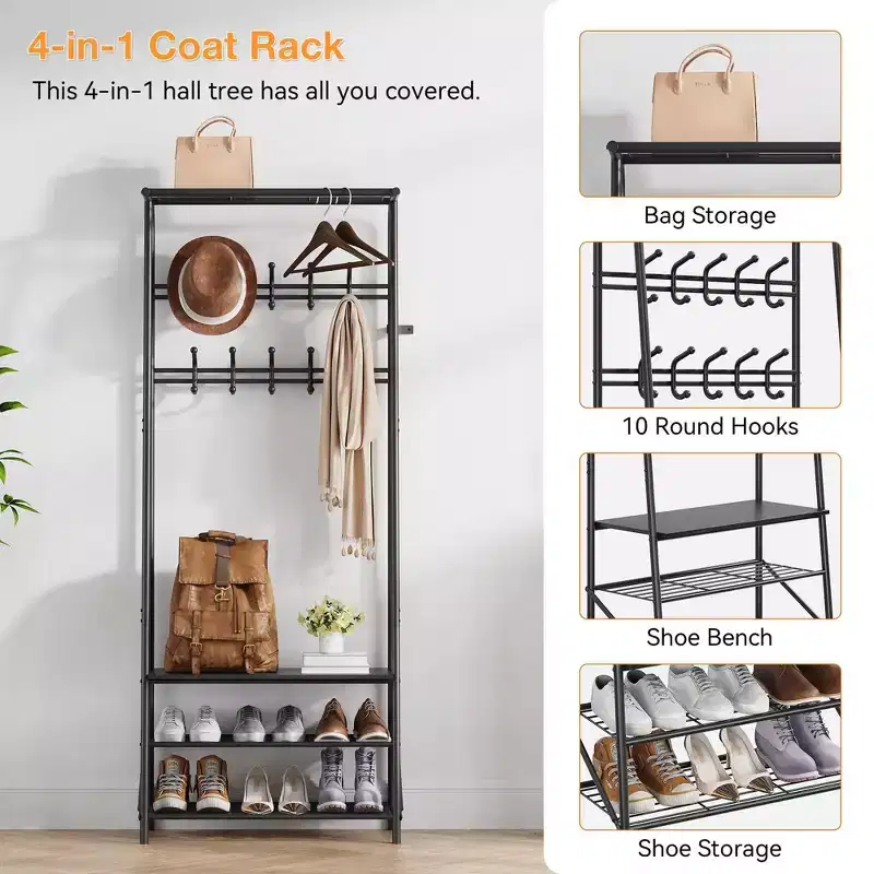 Coat Rack Shoe Bench with 5 /6 /10 Hooks
