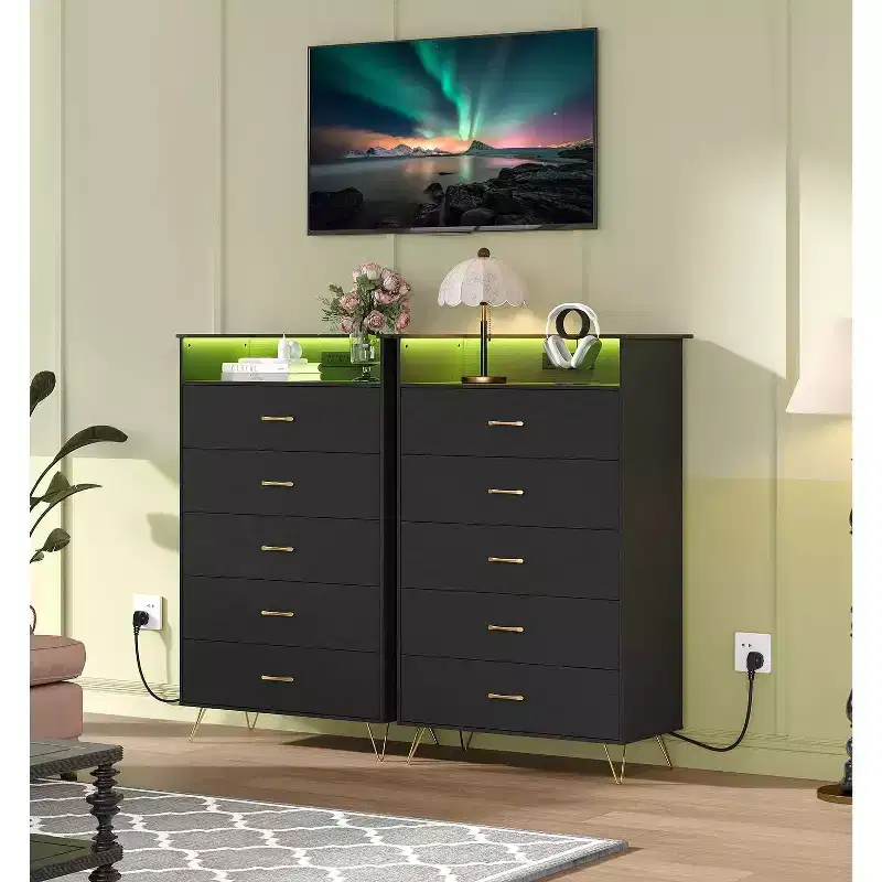 5-Drawer Smart Dresser with RGB LED & Charging, App-Controlled Storage Chest for Bedroom & Living Room