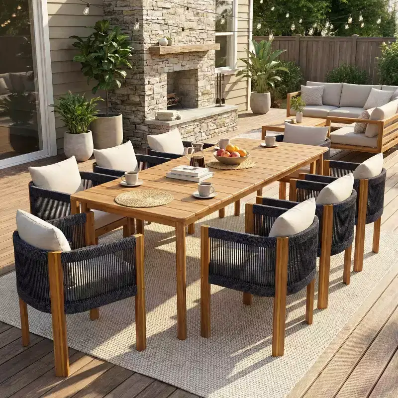 Christopher Knight Home Juan Modern 9 Piece Patio Acacia Dining Set with Slatted Table and Rope Design