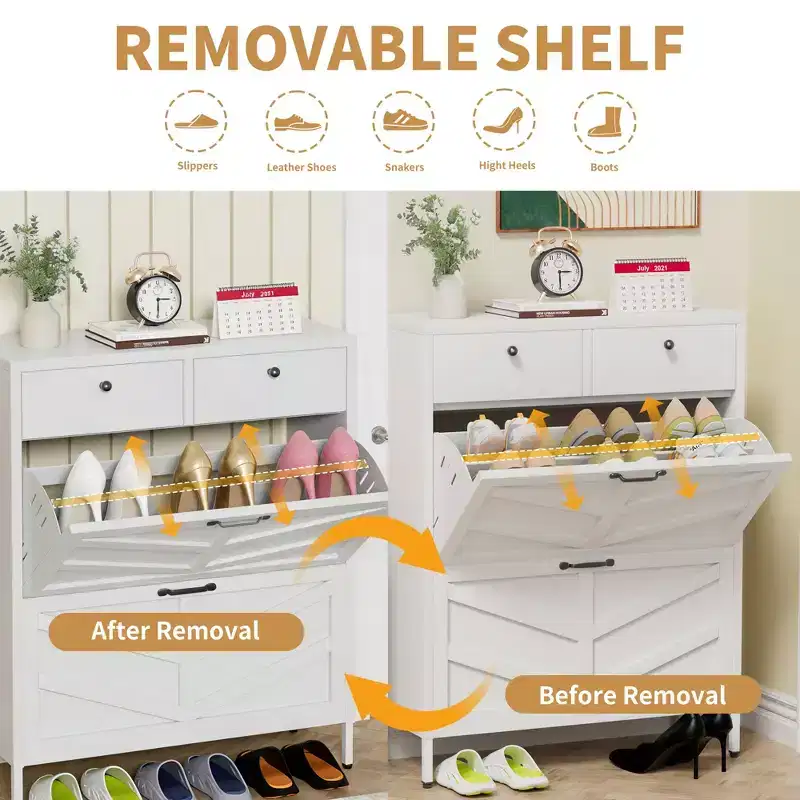 TUYOHW Slim Metal Freestanding Shoe Cabinet with Flip & Regular Drawers, Anti-Tip Shoe Rack, Multi-functional Shoe Organizer for Entryway