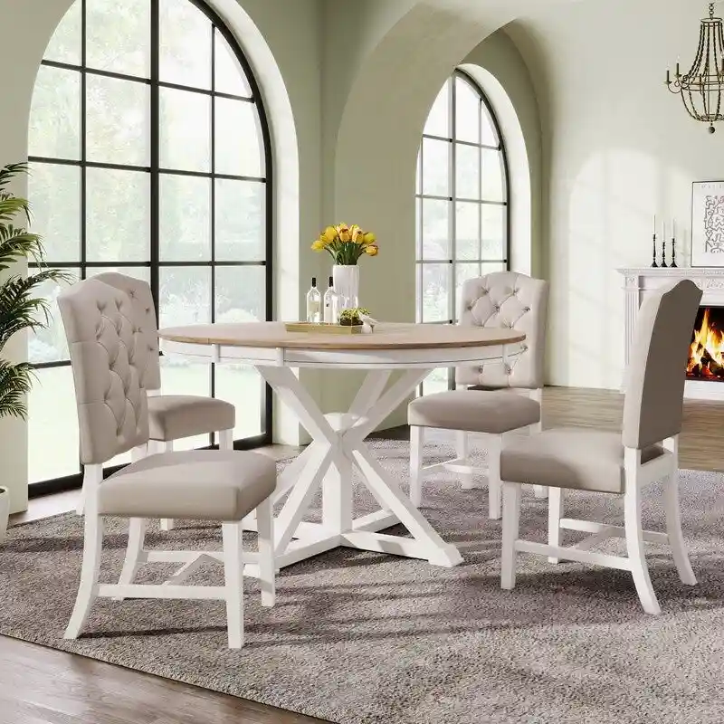Retro Style Dining Table with Extendable Table and 4 Upholstered Chairs for Dining Room and Living Room