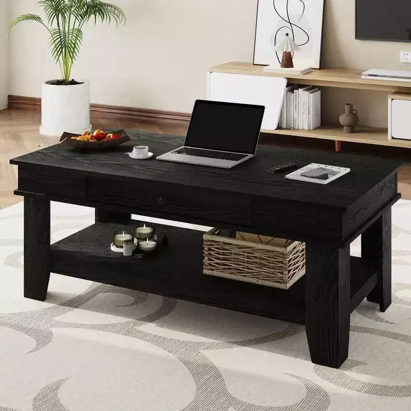 Rustic Walnut Coffee Table for Living Room  Long Rectangular Center Table  Sturdy Four-Leg Design  Drawer & Open Shelf Storage
