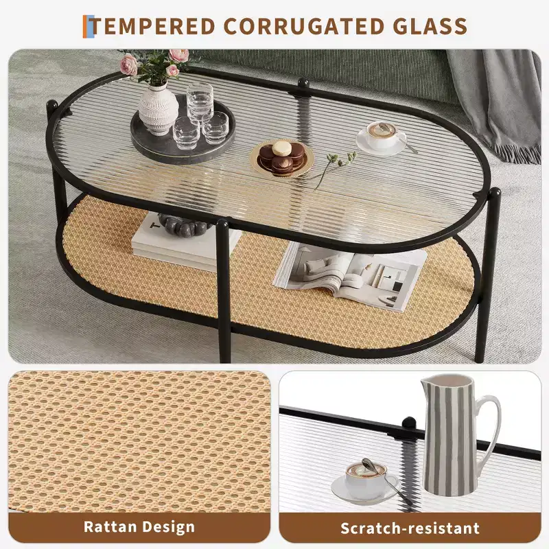 Coffee table, double-layered rattan with tempered glass top, water ripple glass, bohemian style, suitable for living room, office, and home decor.
