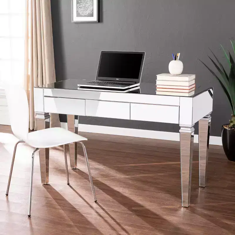 MDF Mirrored Desk with LED Lights and 2 Drawers, 29.5