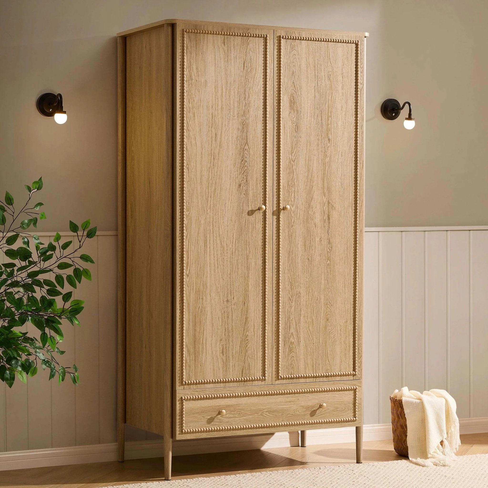 2 Door Wardrobe with Drawer - Light Wood