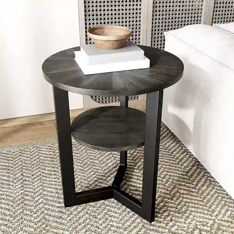 End Table Solid Wood 2-Tier Circle Side Table Nightstand - 19'3   x 24