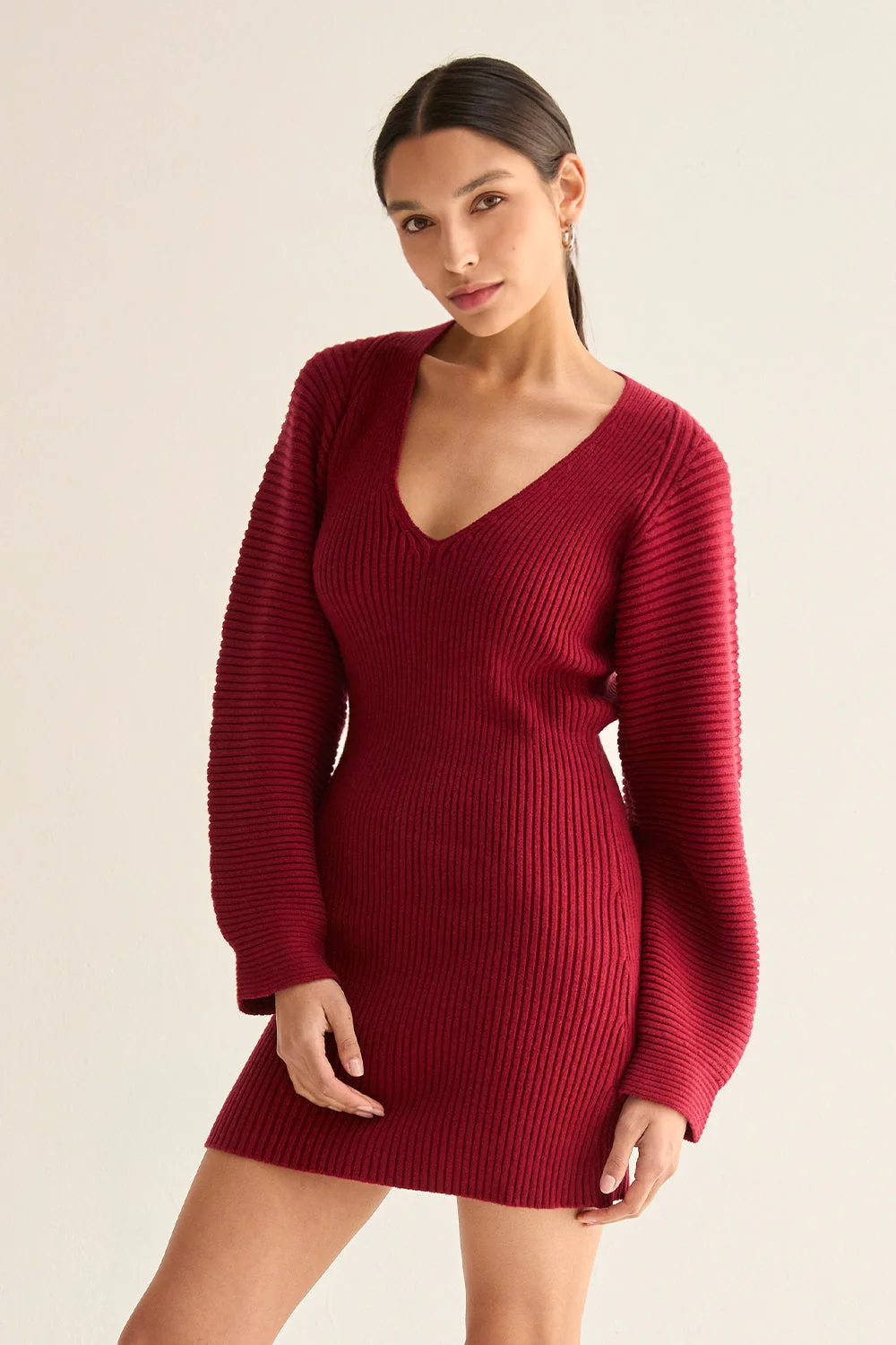 Hourglass Mini Sweater Dress with Balloon Sleeves V-Neckline