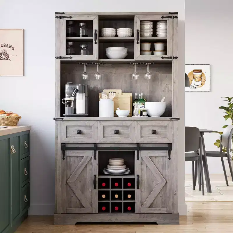 72 Tall Kitchen Pantry Cabinet, Kitchen Hutch Storage Cabinet with Sliding Barn Door, Buffet Sideboard with Microwave Stand and 3 Drawers