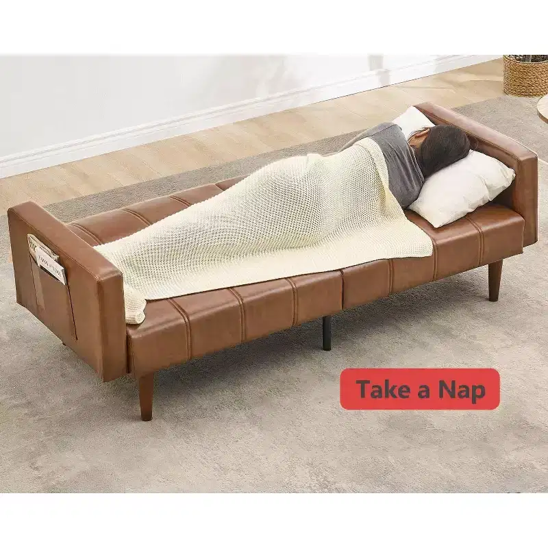 75 Futon Sofa Bed Mid-Century, PU Leather Convertible Sleeper Couch with Adjustable Backrest, Loveseat and Side Pockets for Living Room & Bedroom