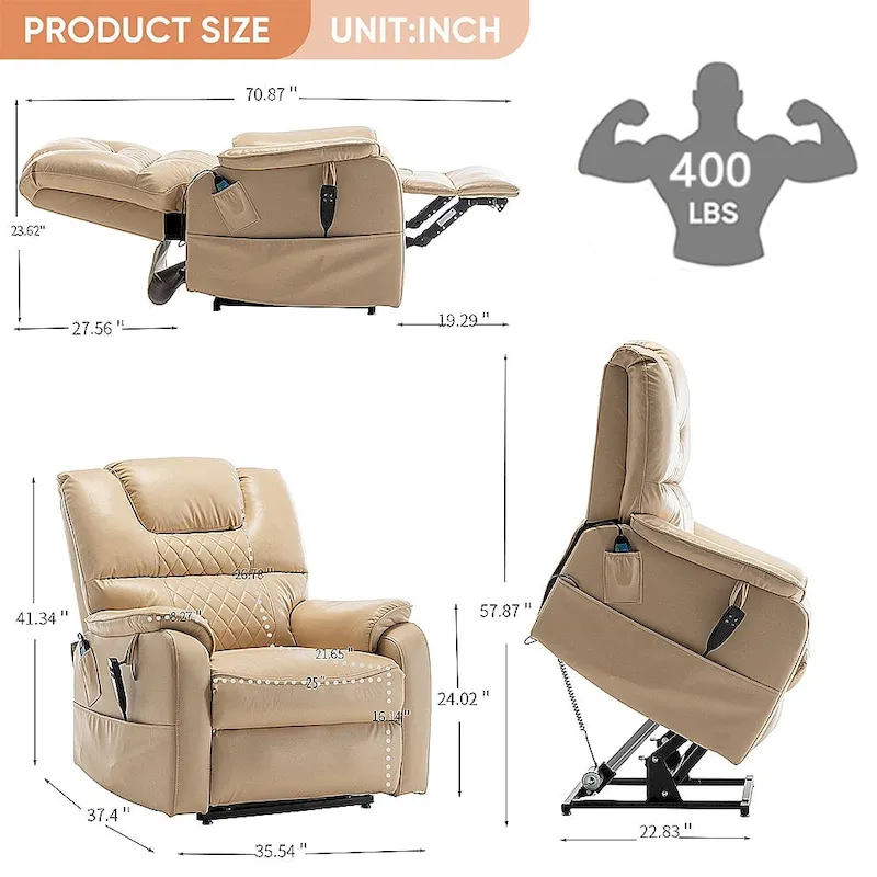 35.5W Dual Electric Power Lift Recliner,Massage&Heat,180 degrees