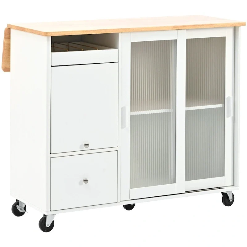 LED Light Kitchen Cart with Drop Leaf and Adjustable Shelf