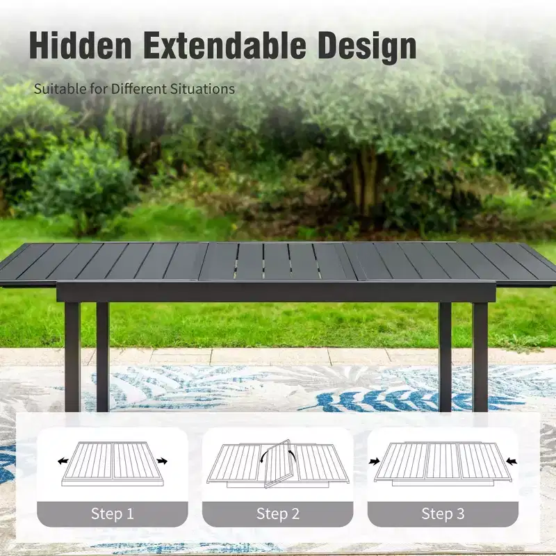 Captiva Designs 7pc Patio Slat-top Adjustable Rectangular Table & Gray Textilene Aluminum Chairs