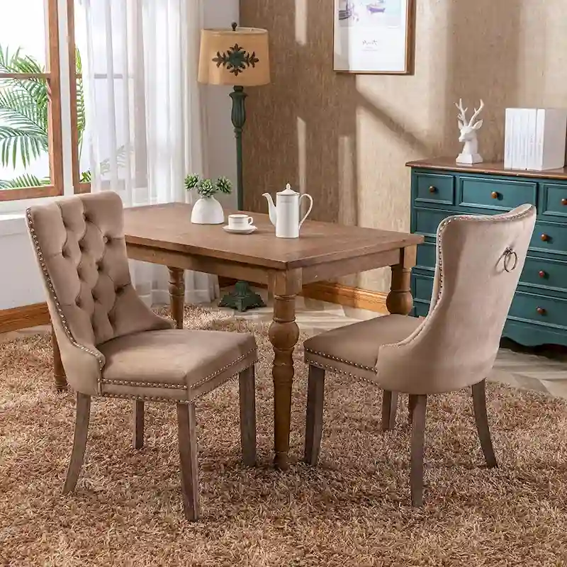 Velvet Dining Chairs  of 2, Upholstered High-end Tufted Dining Room Chair with Nailhead Back Ring Pull Trim Solid Wood Legs