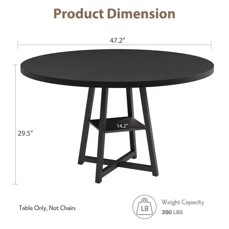 47 Round Dining Table for 4-6 - Metal Pedestal Base with Storage - Space-Saving Industrial Kitchen & Dining Room Table